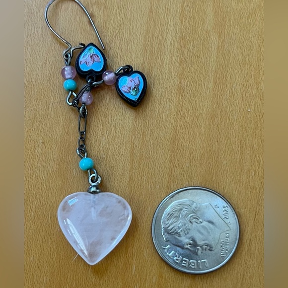 🆕Lucy Isaacs Handmade 925 Silver, Rose Quartz & Cloisonné Heart Dangle Earrings - Picture 4 of 4